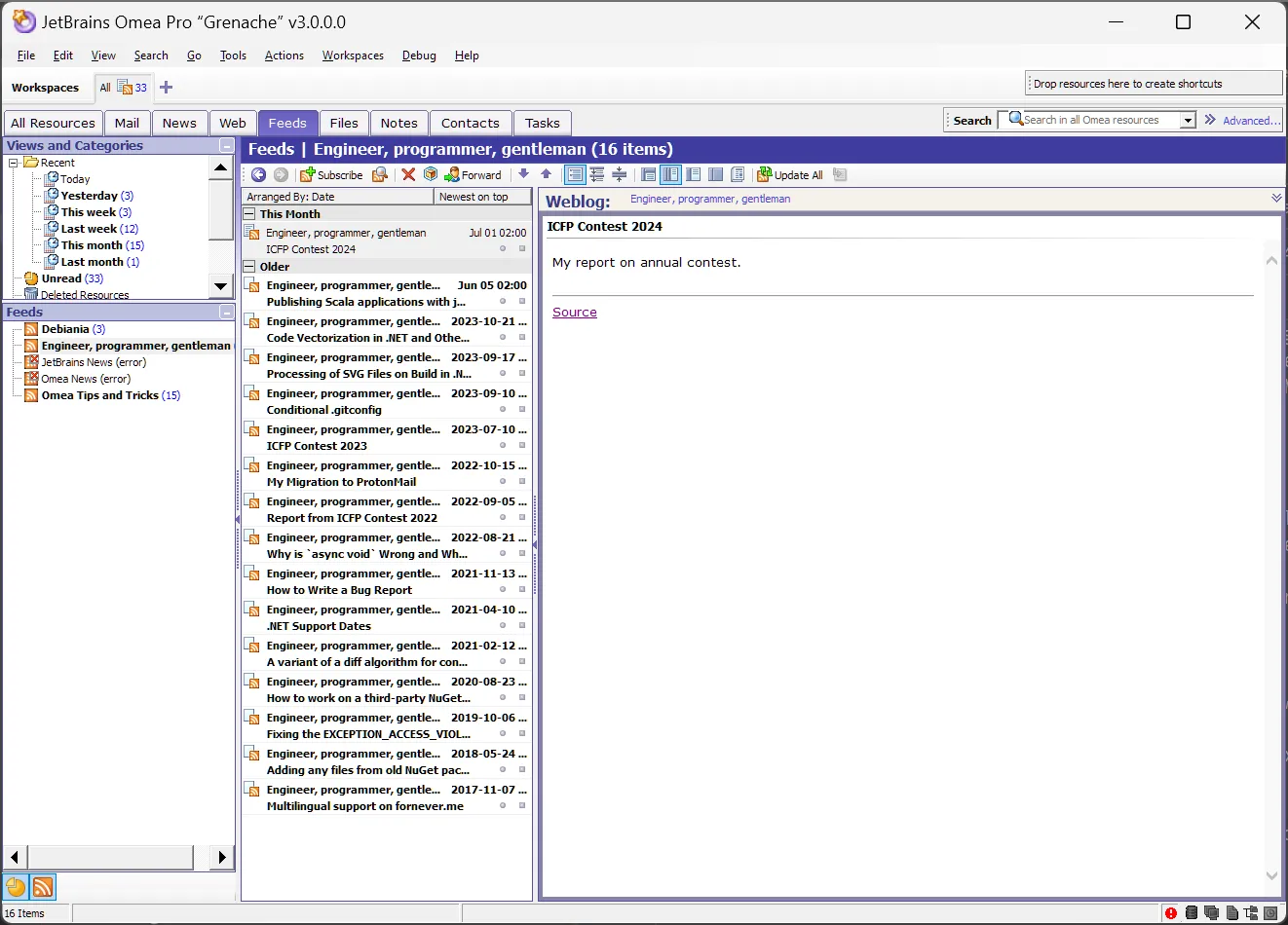 Omea Pro 在 Windows 11 上執行,閱讀 ForNeVeR 部落格的 RSS feed。上方是 Workspaces 列與 Mail、News、Feeds、Files、Contacts 等資源分頁,左側是 Views and Categories。(圖:ForNeVeR,MIT 授權)